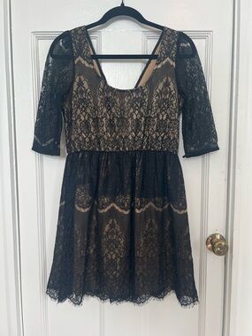 MM Couture | Black Lace Overlay Dress with Nude Lining